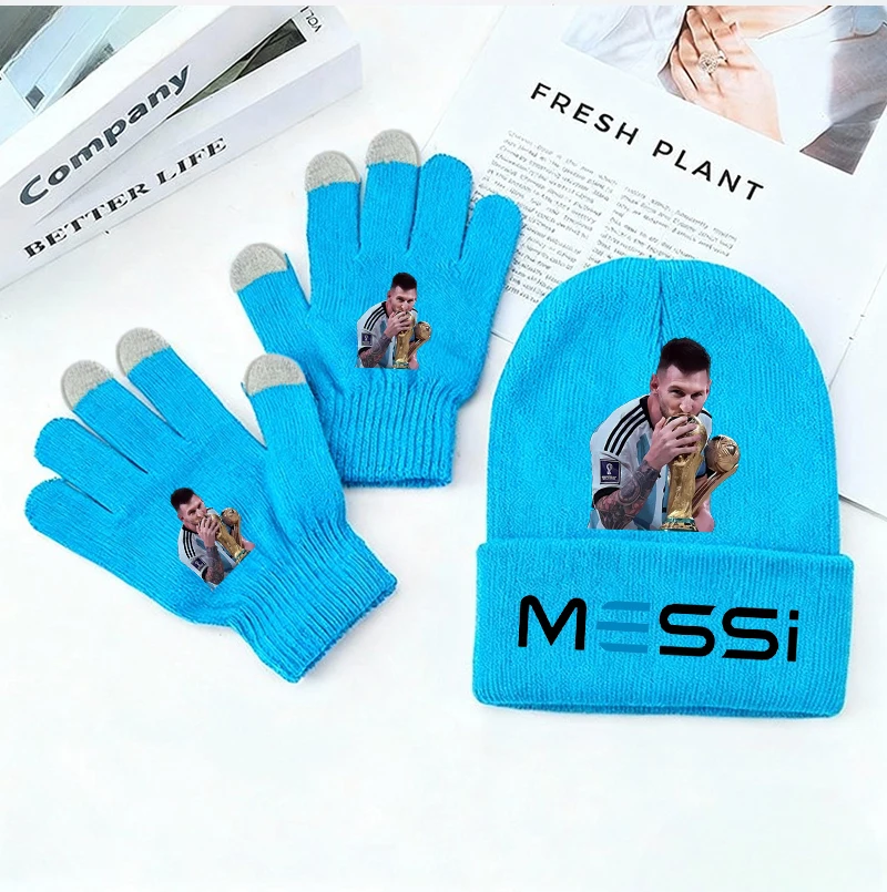 Unisex Winter Warm Knitted Beanie and Touch Screen Gloves 2in1 Set Messi Pattern Hat Gloves Kit Football Fans Gift for Men Women