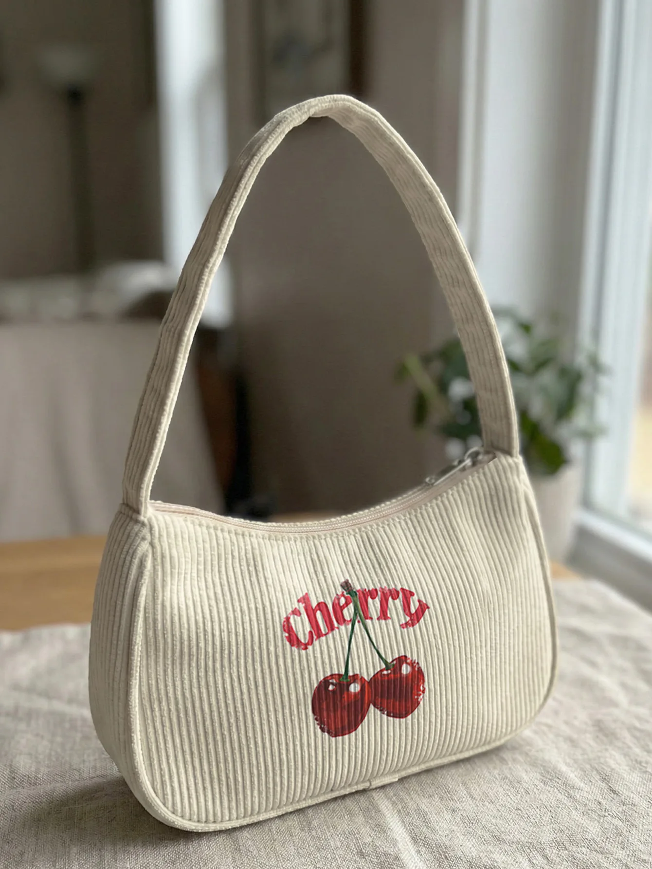 Trendy Cherry Print Shoulder Bag, Corduroy Underarm Bag for Daily Casual Use