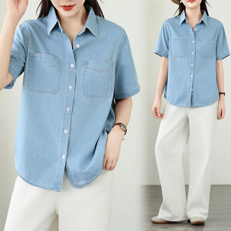 

Light Blue Summer New Design Fashion Retro Short Sleeve Denim Shirt Women's Top Single Button Versatile Cotton Polyester Blend