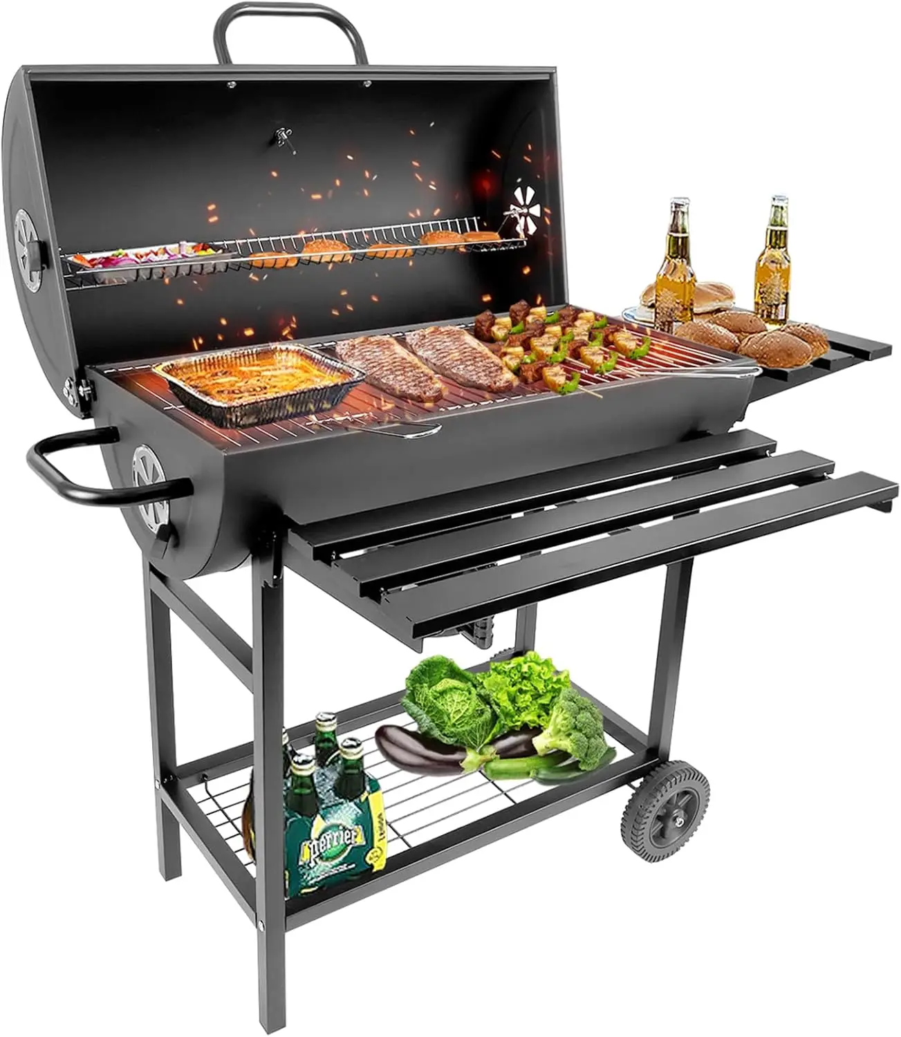 

Charcoal BBQ Grill with Thermometer & Foldable Side Table, 565 sq in Cooking Space Large Charcoal Grills, Barrel Charcoal