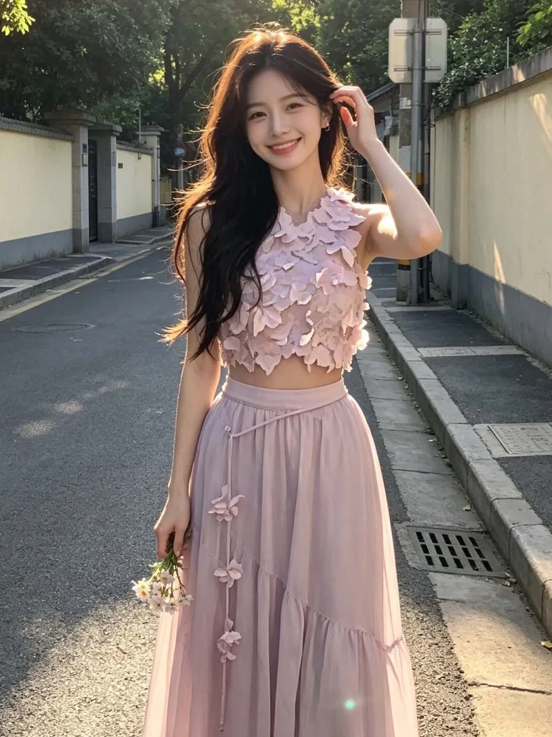 

2026 Summer Fashion Soft Style Purple Top And Skirt Set Women's Comfortable mid Waist Long Skirt Two Piece Suit round Neckline