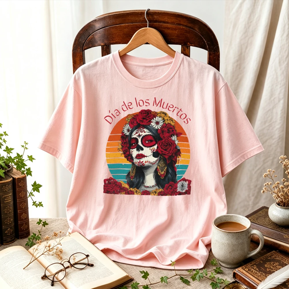 Dia De Los Muertos Sugar Skull Lady Red Rose Floral Retro Sunset Mexican Day of The Dead Vintage Art Graphic Cotton T‑Shirt Tops