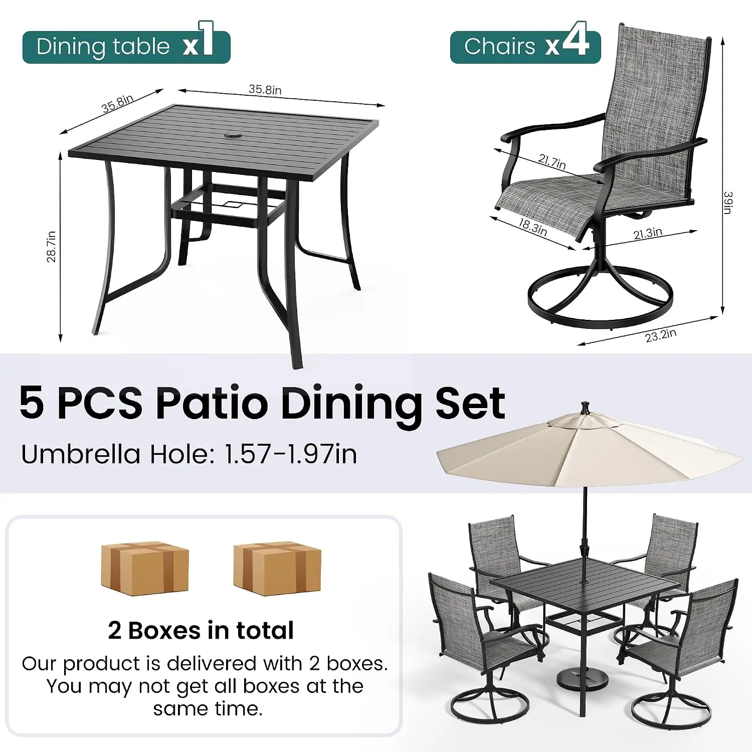 5-Piece Outdoor Dining Set, 4 Swivel Textilene Chairs & 35.8