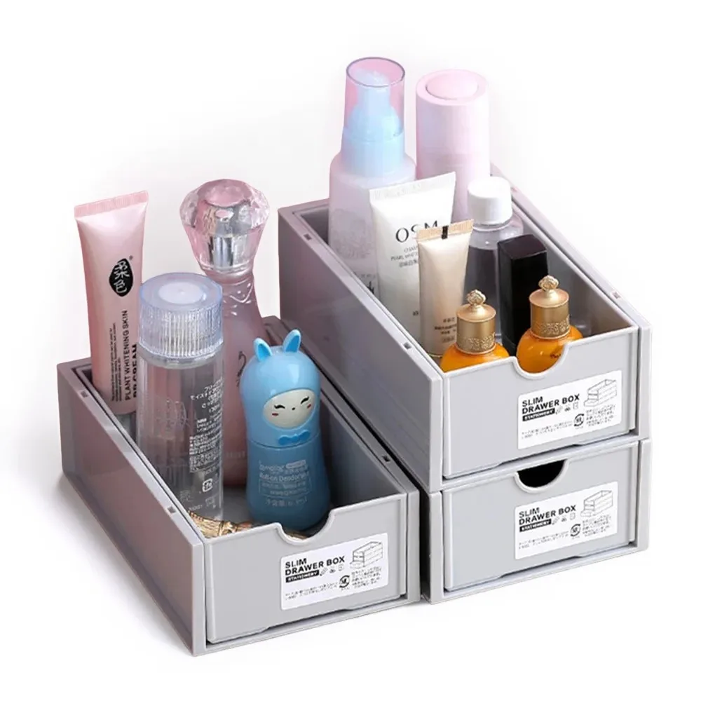 Desktop storage boxes, cosmetics storage, and office stationery storage cabinets can be stacked and combined for drawer storage