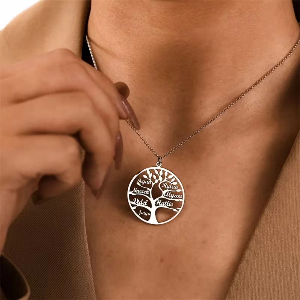 Custom Family Tree Name Necklace Silver Stainless Steel Round Tree of Life Pendant Personalized Multi Names Engraved Jewelry