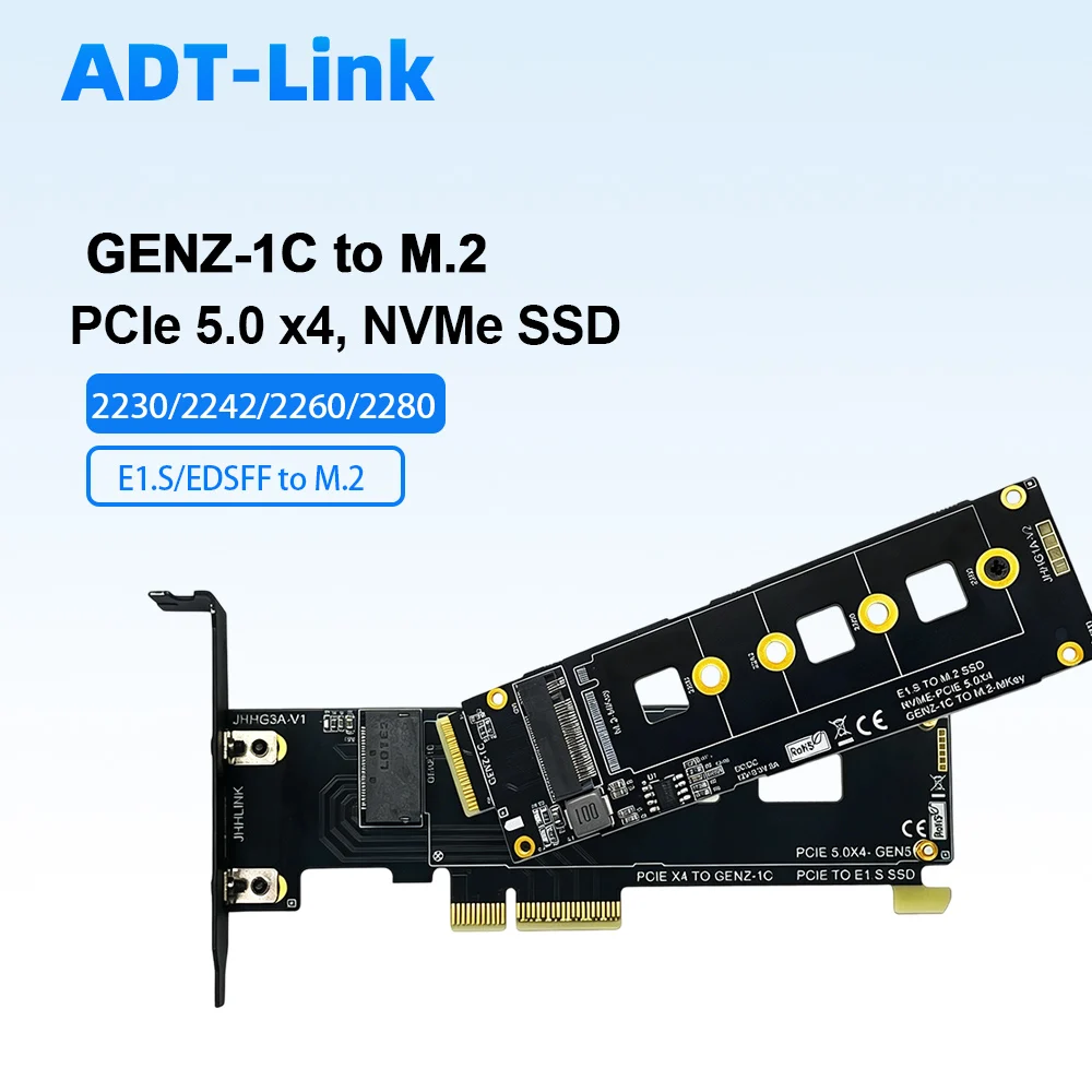 GENZ-1C (E1.S/EDSFF) to M.2 NVMe SSD Adapter Card PCIe 5.0 x4 Converter M.2-MKey Support 2230-2280 SSD 12V to 3.3V 3A