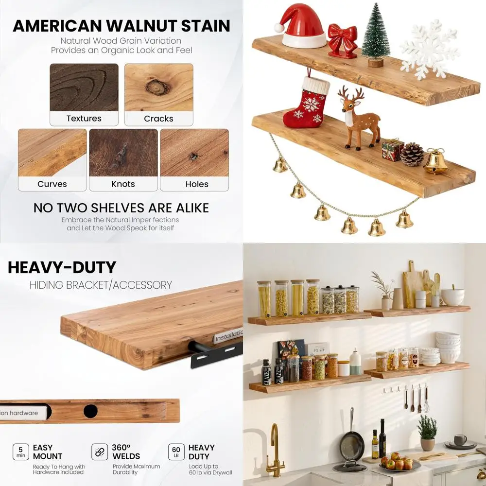 

Rustic Elm Wood Live Edge Floating Shelves, 36 Set of 2, Heavy-Duty Wall Mount, Natural Finish for Home Decor