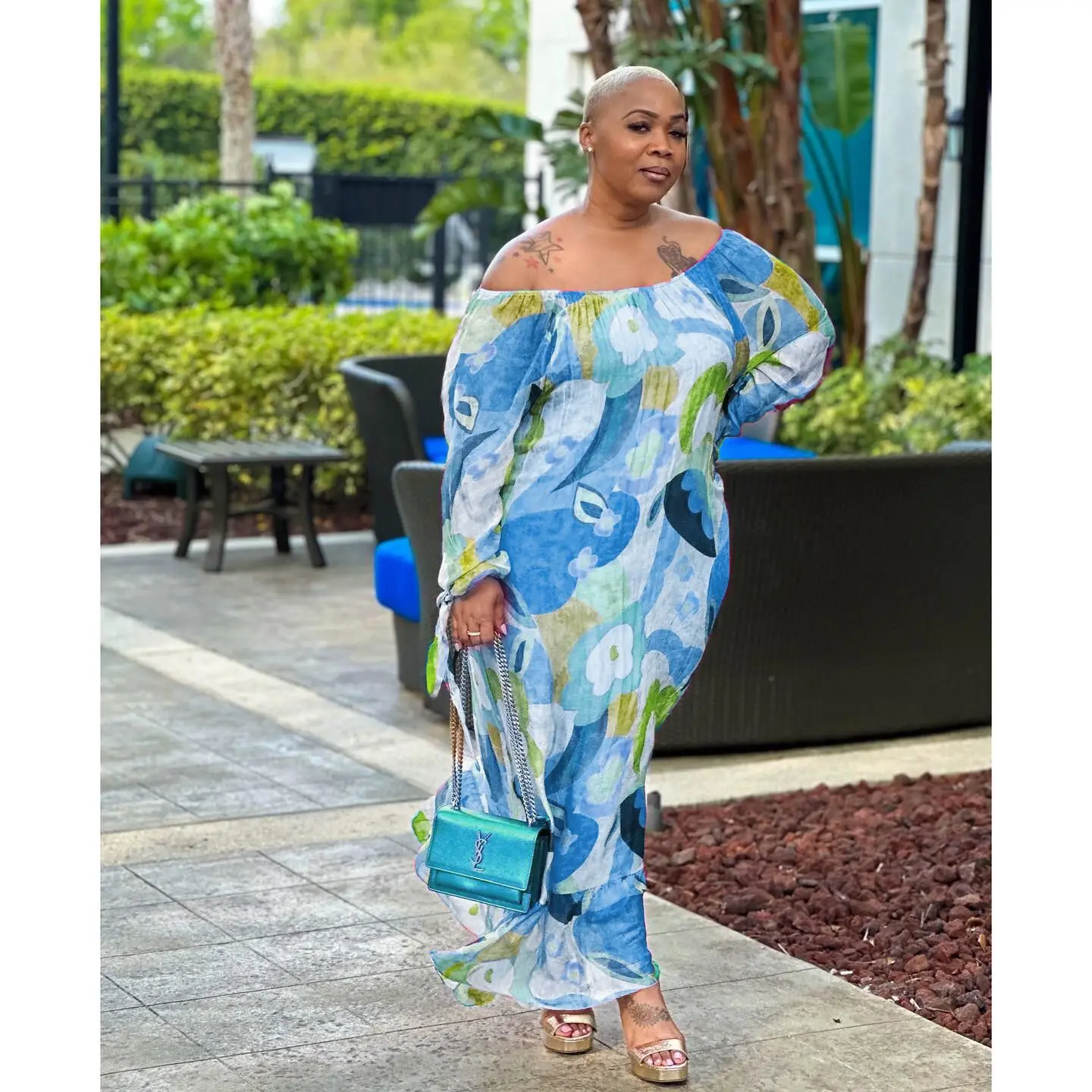 Summer Off Shoulder Maxi Dress Women Casual Sexy Afircan Printed Long Sleeve Loose Fit Chiffon Party Club Beach Wear Long Dress