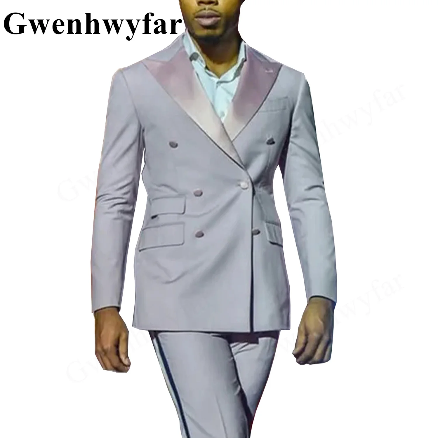 Picture 3: Gwenhwyfar New Light Pink Men's Suits Tailored 2 Pieces Blazer Pants One Button Satin Peak Lapel Wedding Formal Work Wear Custom
