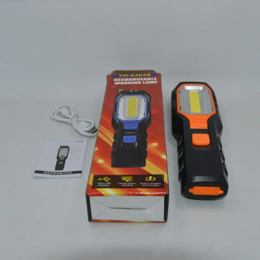 مصباح فحص السيارة القابل لإعادة الشحن عبر USB، مصباح LED فائق السطوع مع خطاف ومغناطيس، ضوء عمل للطوارئ مقاوم للصدمات