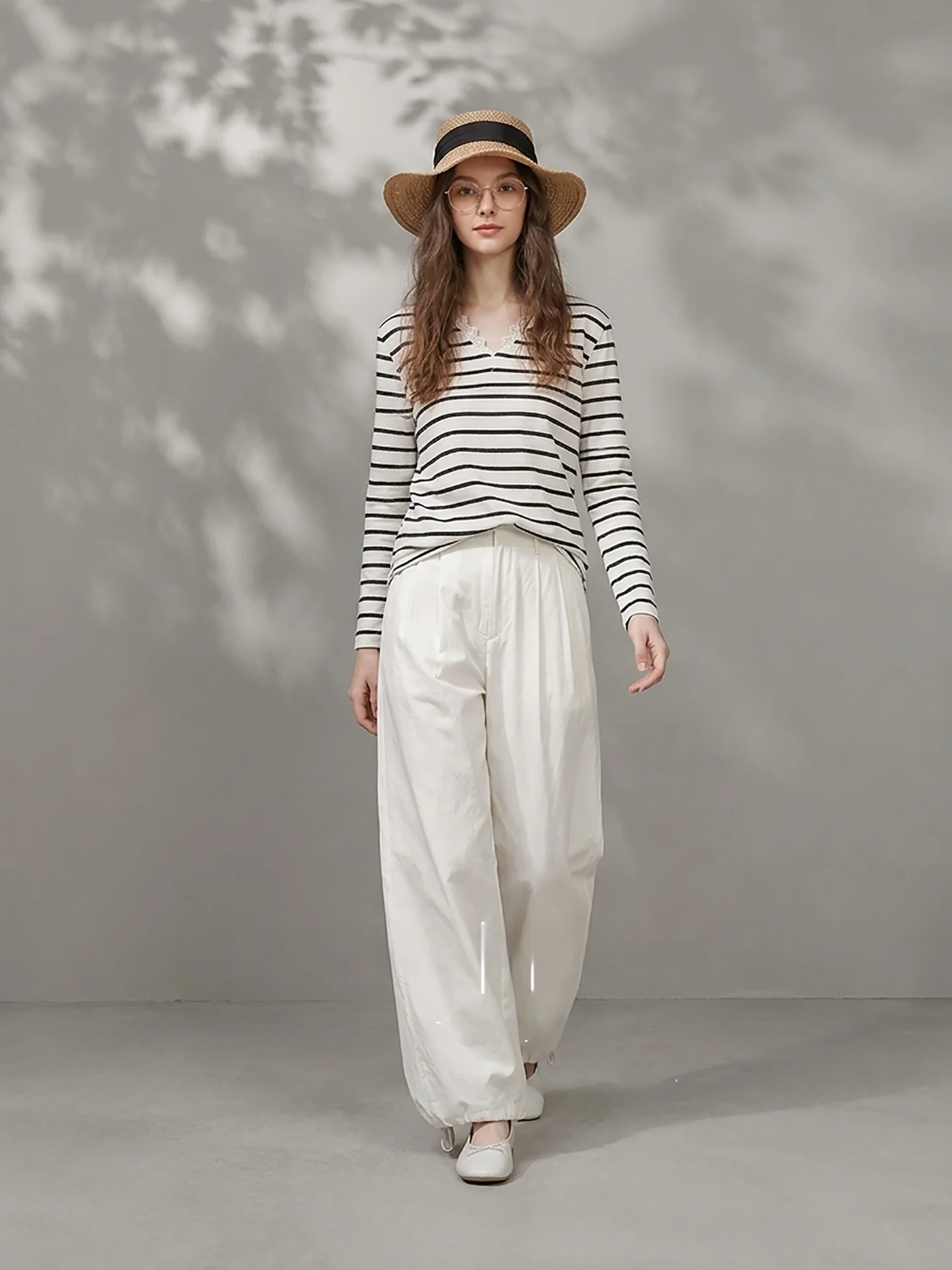 HUAAPPUW Lace Trim Stripe Patchwork Color Block V-neck Long Sleeve T-shirt Casual Style Office Wear Autumn New Arrival