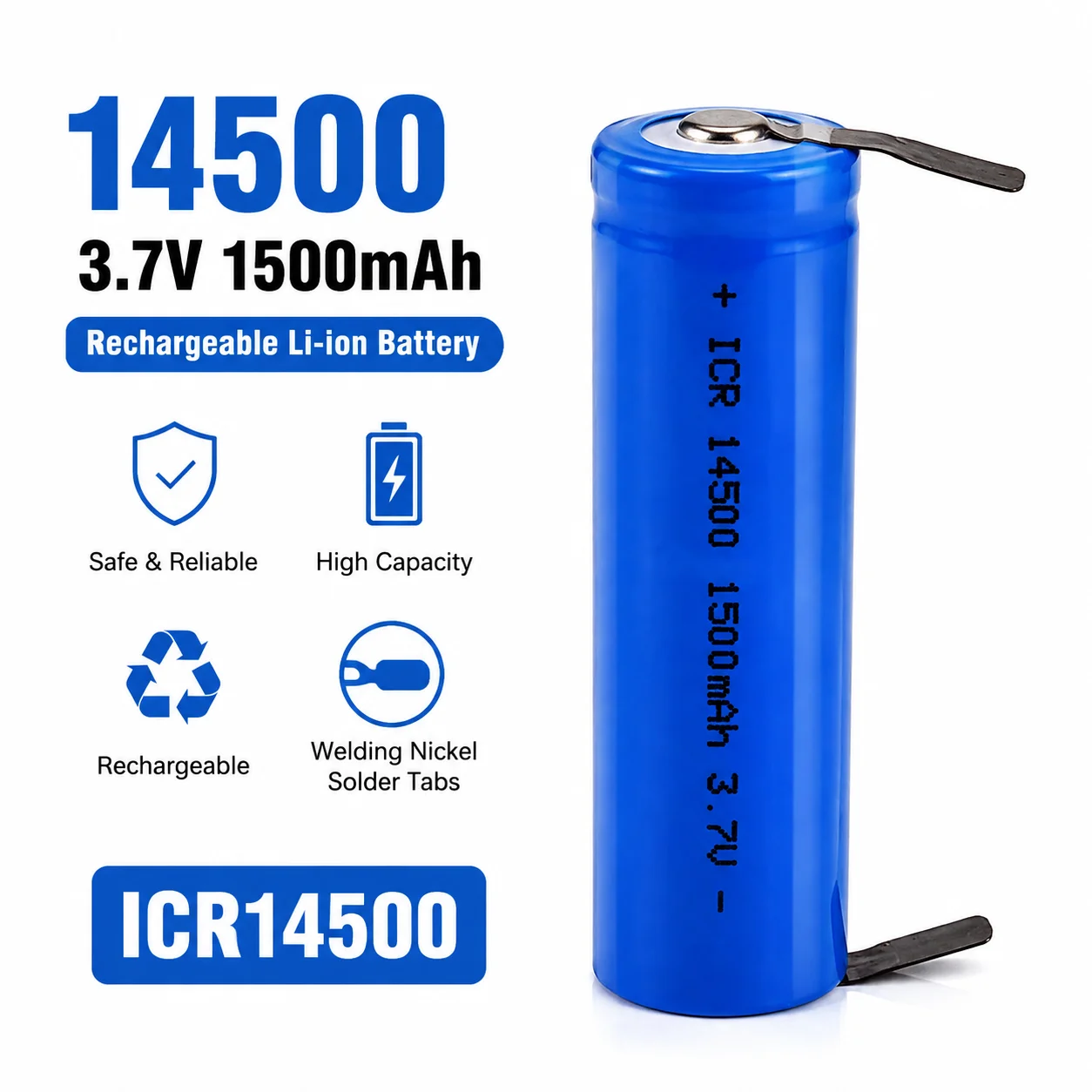 ICR14500 3.7V 1500mAh Li-ion Rechargeable Battery Welded Nickel Tabs AA Flashlight Electric Shaver Remote Control DIY RC Toys