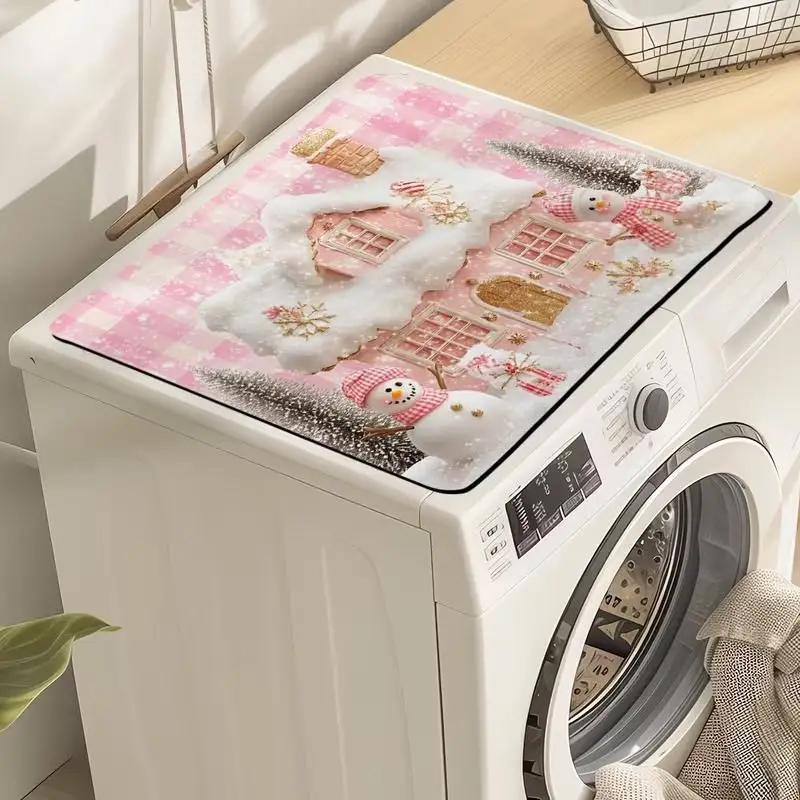 VIKAMA Pink Christmas Village Snowman Gingerbread House Washing Machine Cover Mat Cute Pastel Xmas Dustproof Washer Dryer Pad
