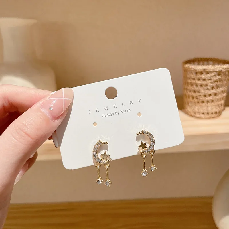 Crystal Moon Star Tassel Dangle Earring for Women Simple Sweet Gold Color Jewelry Wholesale Girl Friend Kids Gift