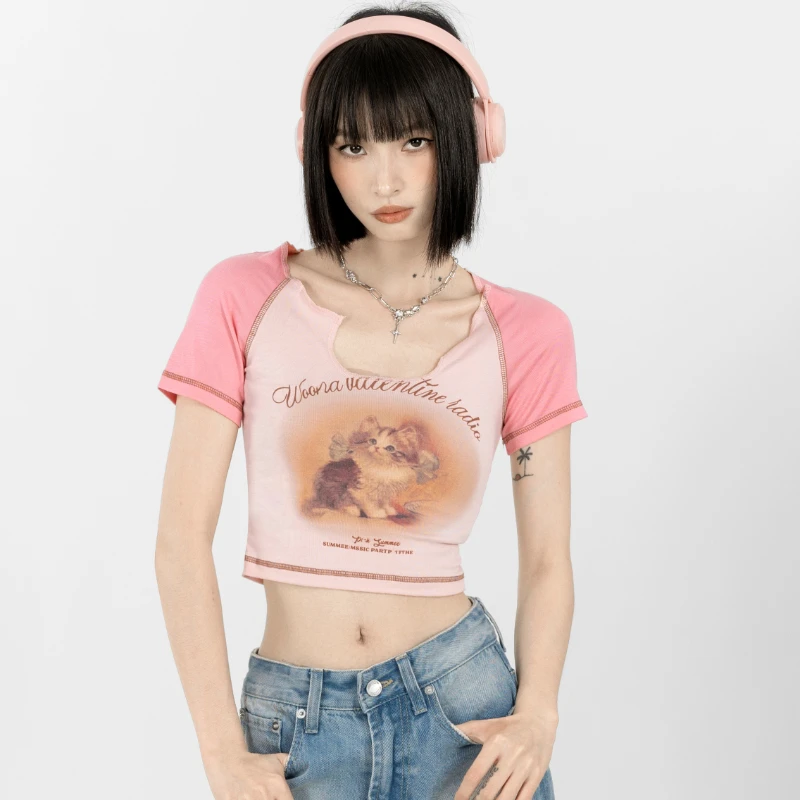 

Women's Short-Sleeved T-shirt American-Style Retro Cartoon Cat Printing Raglan Fashion Casual Slim-Fit Summer Short Shoulder Top