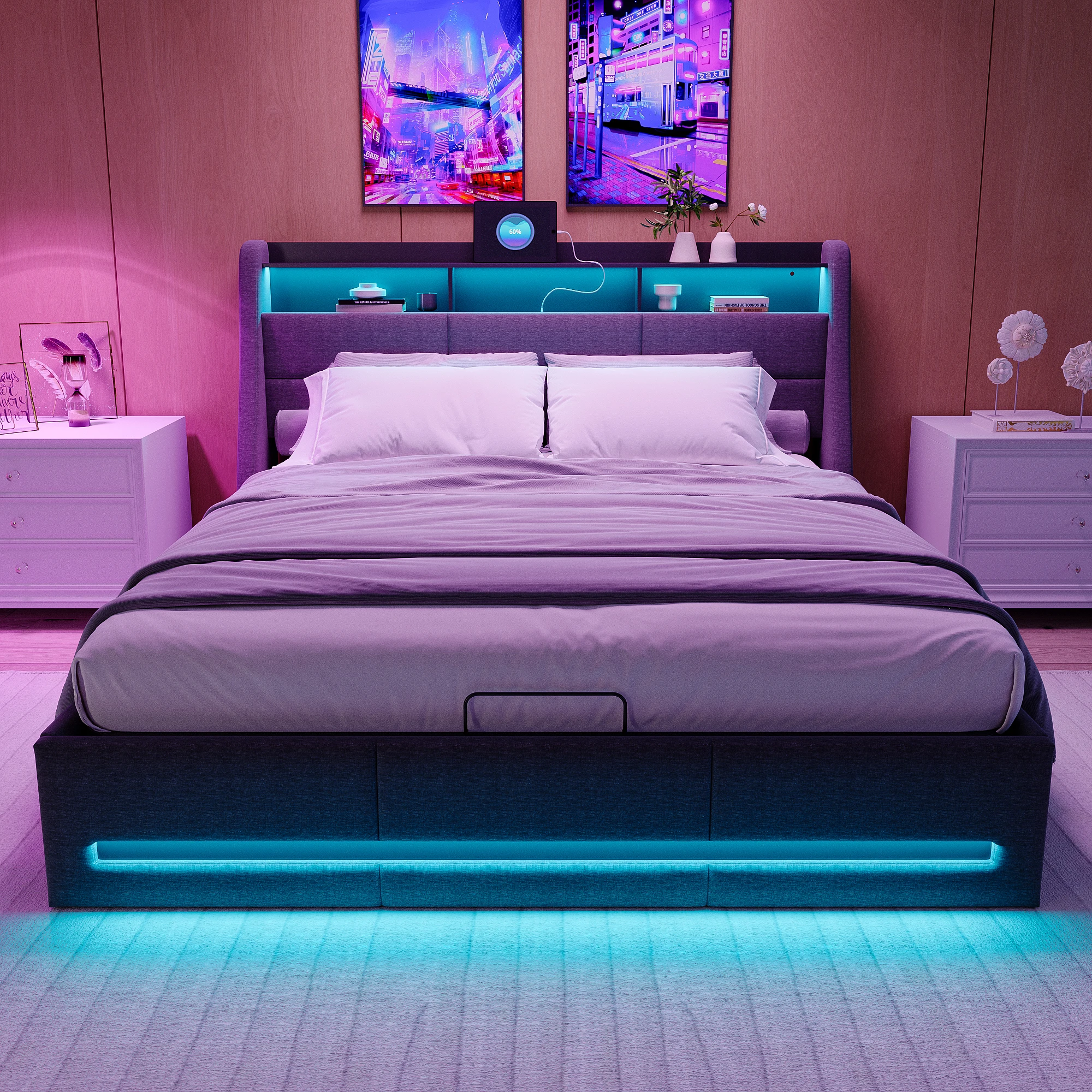 Lit rembourré Fangange 140x190cm, lit double avec tête de lit de rangement, lit pour jeunes avec LED et USB, lit de rangement hydraulique