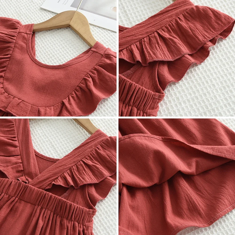 Bear Leader Cotton Red Dresses Baby Girls Solid Color Backless Casual Wear 2 -6Y Round Necked Wooden Ear Edge Kids Clothes image 6