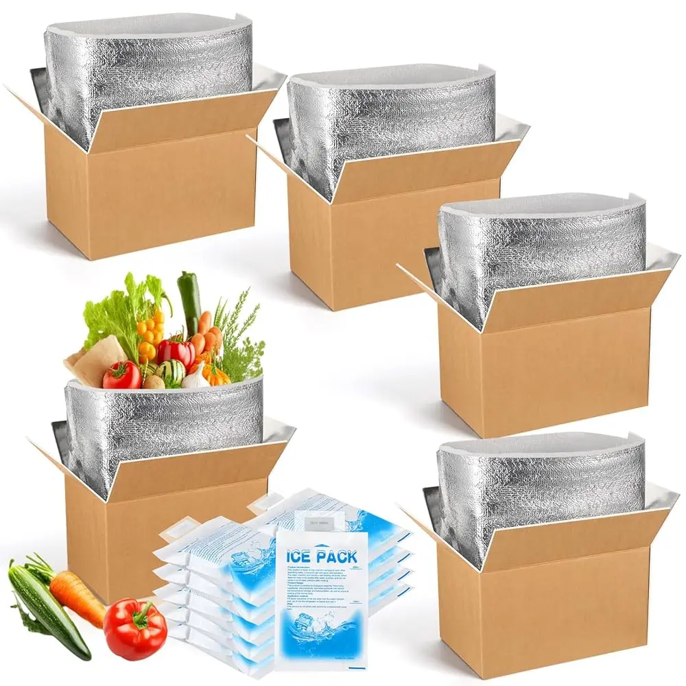 

4 термоизолированных коробки для замороженных продуктов с охлаждающими пакетами и вкладышами из алюминиевой фольги для перевозки больших холодных грузов