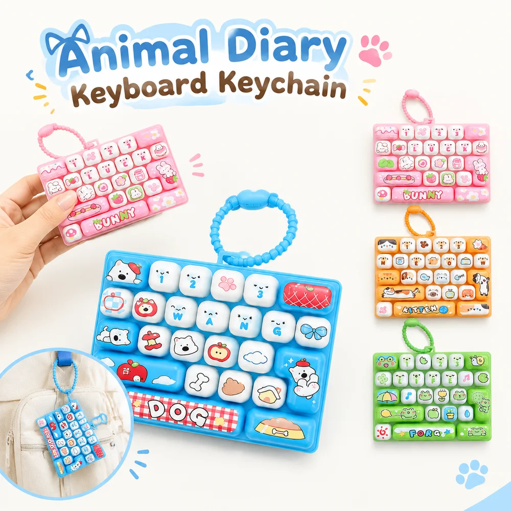 1Pcs 26-Key Animal Diary Keyboard Keychain Resin Cute Style Keyboard Fidget Fidget Clicker Keychain for Backpack Bag Pendant