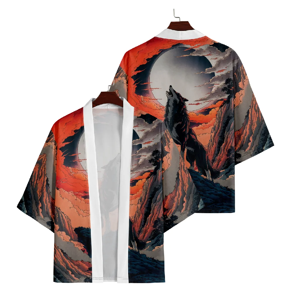 

Traditional Wolf Print Kimono Cardigan Cosplay Shirt Women Men Yukata Beach Haori Plus Size