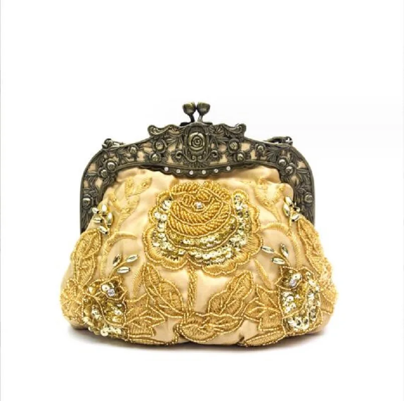 Hot Sale Women's New Fashion Cosmetic Bag Satin Clutch Bags Purse Handmade Embroidered Beaded Evening Party Chains Shoulder Bag