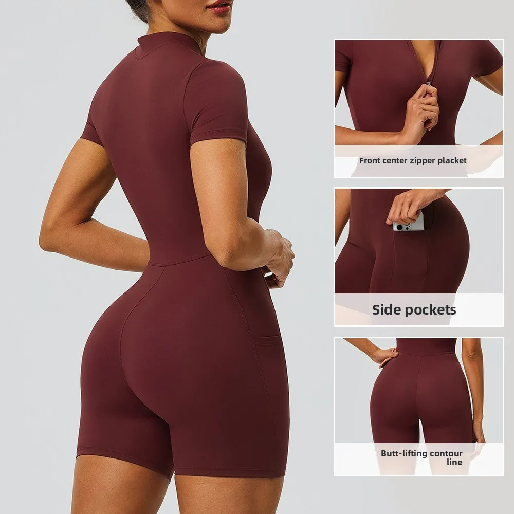 Damen-Yoga-Jumpsuit mit Reißverschluss, kurzen Ärmeln und funktionellen Taschen für Hüftstraffung und eng anliegende Sport-Jumpsuit-Shorts