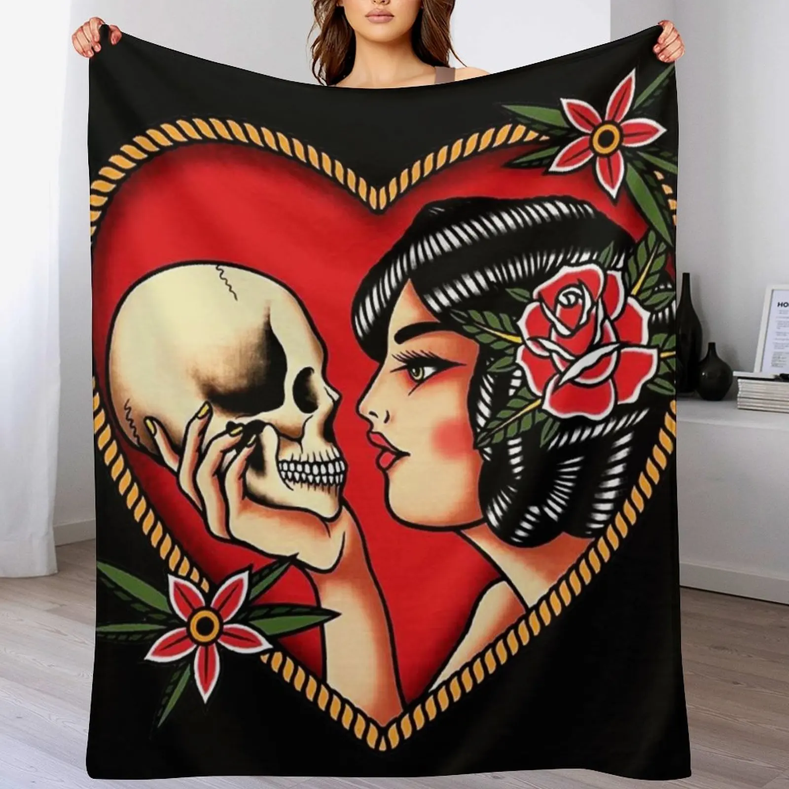 Traditional Beautiful Flapper in Heart Holding Skull Tattoo Throw Blanket anime Custom Furrys Blankets