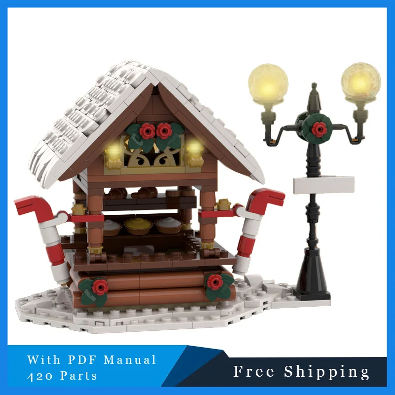 

420, уличный рождественский киоск, модульный MOC, креативный строительный блок, кирпичная модель, детская сборка «сделай сам», игрушка-головоломка, подарки на день рождения