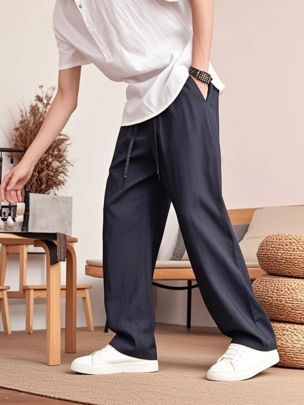 

Linen Casual Pants Men's Straight Loose Drapey Wide Leg Summer Thin Cotton Linen Pants High-End Feeling Men's Long Trousers