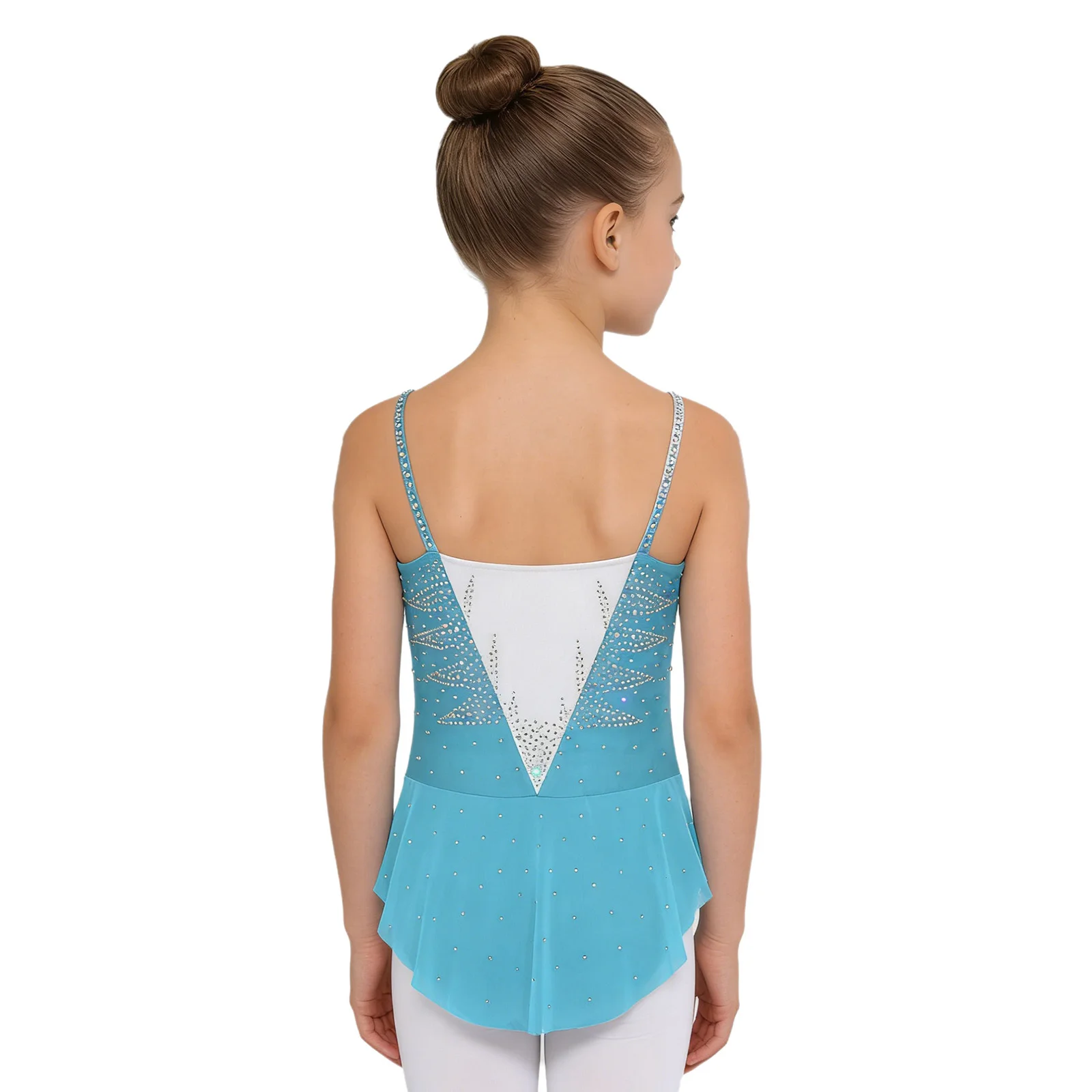 Kids Girls Rhythmic Gymnastics Ballet Latin Dance Costume Ruched Mesh Sparkling Rhinestones Color Block Camisole Leotard Dress
