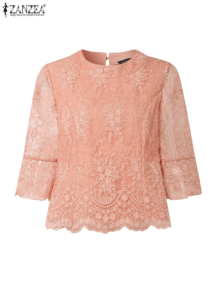 

ZANZEA Fashion Elegant Women Lace Blouse Mesh Patchwork See-through Clothes 2025 Autumn 3/4 Sleeve Casual OL Party Office Tops