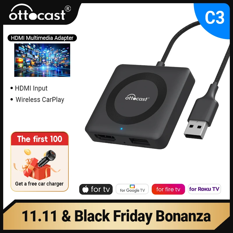 OTTOCAST Wireless CarPlay Adapter TV Mate Converter for Fire Google TV Stick for OEM Wired CarPlay Car Watch Video Accessories