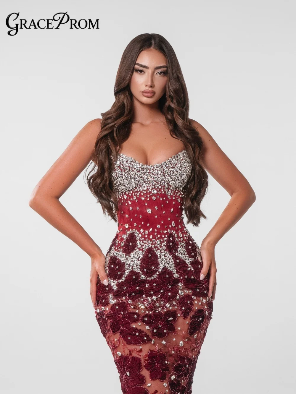 Gorgeous Sweetheart Gradient Crystal Floral Embroidery Mermaid Evening Gown Formal Prom Wedding Guest Party Gown فساتين سهرة