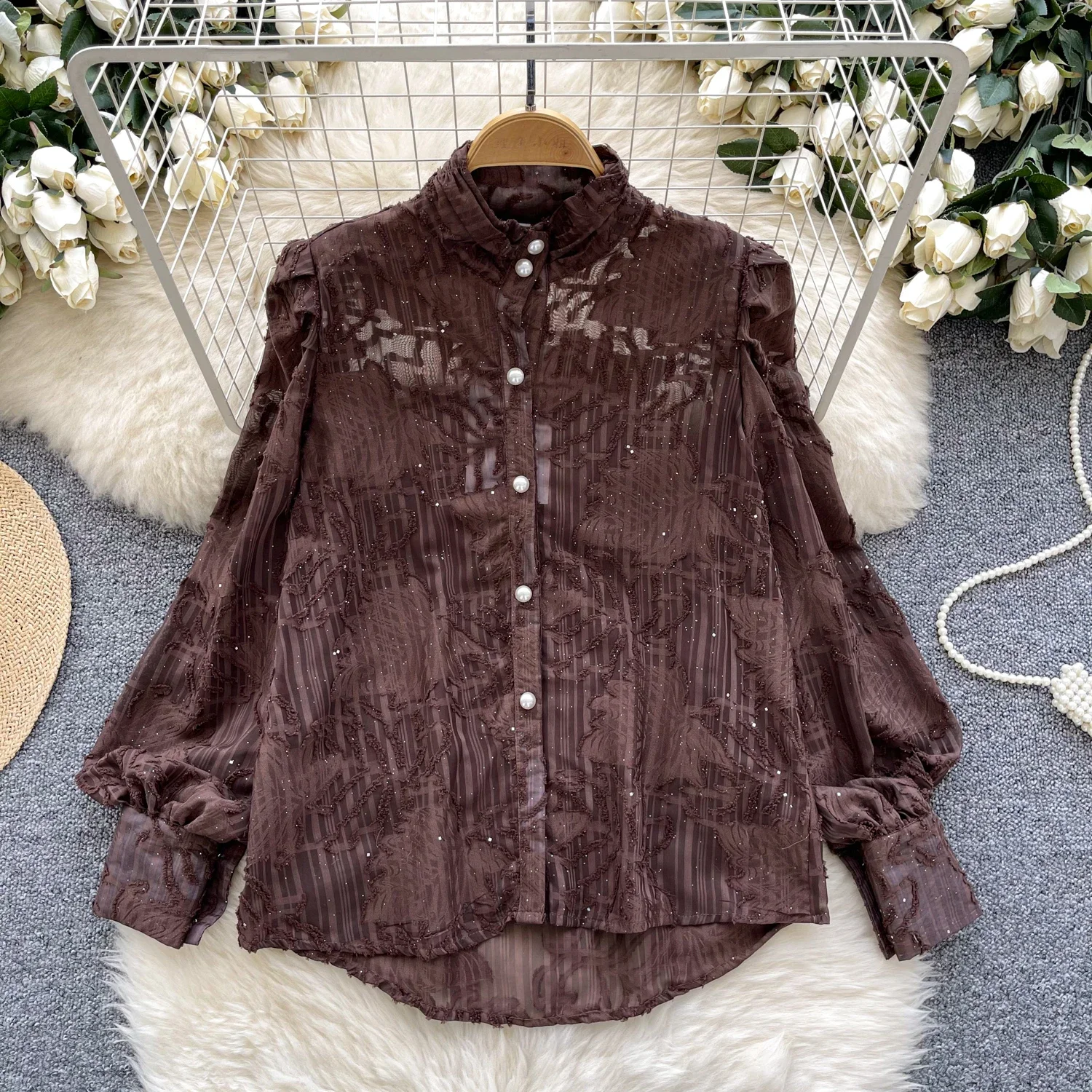 Vintage Button Lantern Sleeve Stand-up Collar Chic Hollow Out Mesh Top Women Streetwear Korean Casual High Street Autumn Blouse