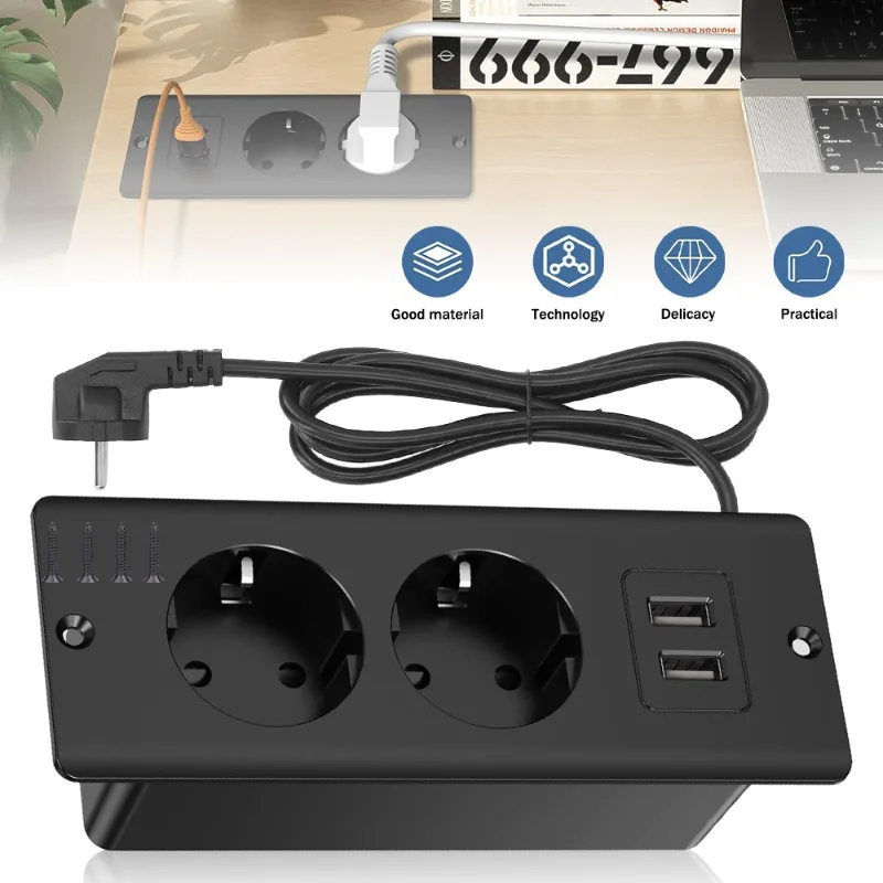 Listwa zasilająca z 2 gniazdami i włącznikiem (przedłużacz) — Zawiera 2 gniazda AC, 2 porty USB i 2 porty USB-C; Odpowiednia do użytku w biurze i w domu; Zawiera kabel o długości 1,5 metra.