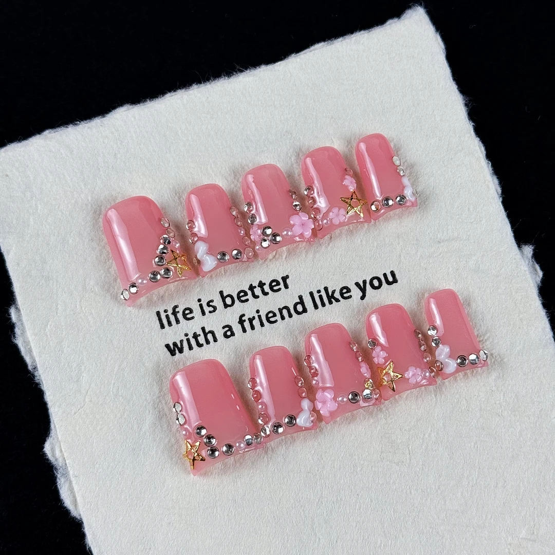 10pcs high-end Pink girl style, hand-painted three-dimensional engraved design, glittering rhinestone decoration handmade fake