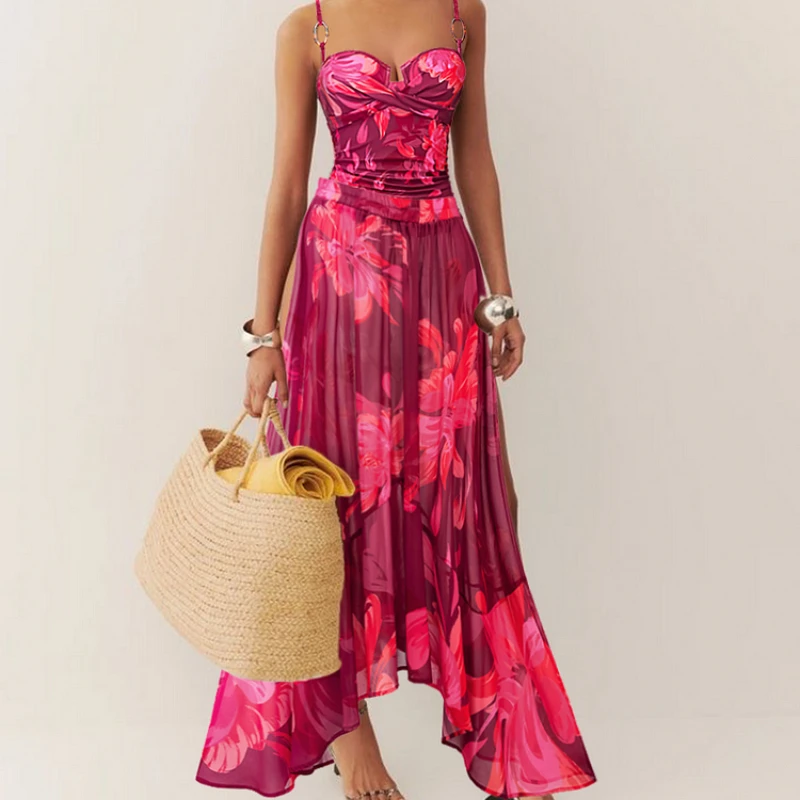 Women Sling Abstract Floral Print One Piece Swimsuit and Skirt Flaxmaker Sexy Deep V Neck Swimwear Sets Vintage Bathingsuit