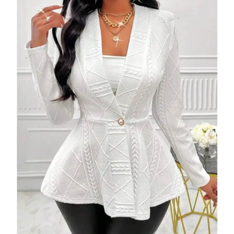 Fashion Elegant Deep V Neck Cardigan Women Suit Jacket Long Sleeve Autumn Office Lady Shirt Jacquard Casual Blazer Slim Fit Coat