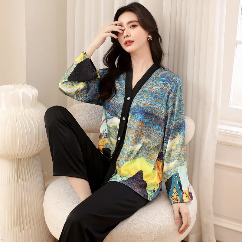 Lisacmvpnel Women's Spring New Pajama Set Ice Silk Thin Long Sleeve Suit Sleepwear 2023 New Large Size Printed Pyjamas