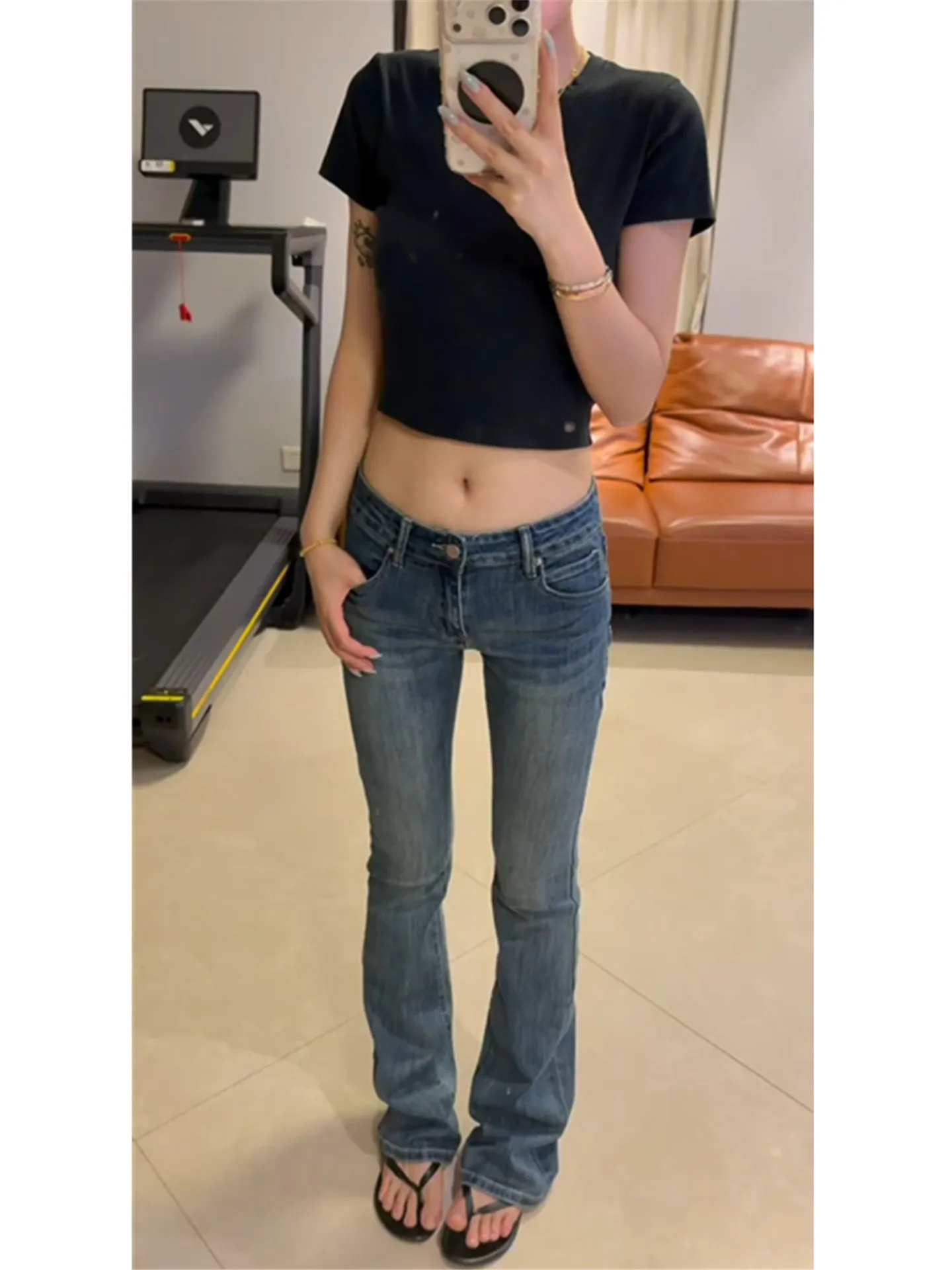 

High Waist Extended Vintage Blue Low Waist Flared Denim Jeans Women Summer Slimming Tight Fit Long Leggings Casual Cotton