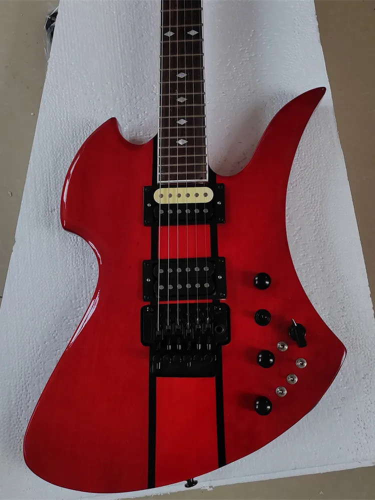 Transparent Red Painted Alien 6 String Electric Guitar Maple through Body Neck Unique Shape Guitars for Musicians