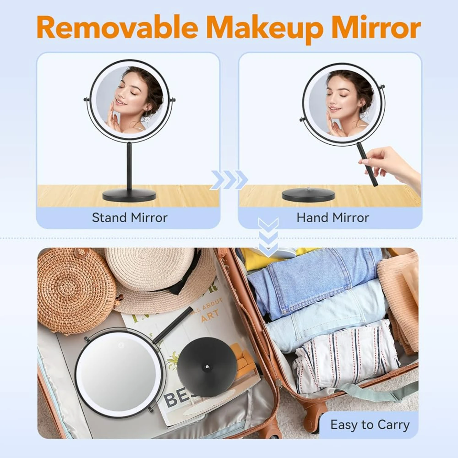Adjustable Brightness Smart Touch 8 Inch Rechargeable Desktop Vanity Mirror with Lights, Double Sided 1X/10X Magnifying Makeup M