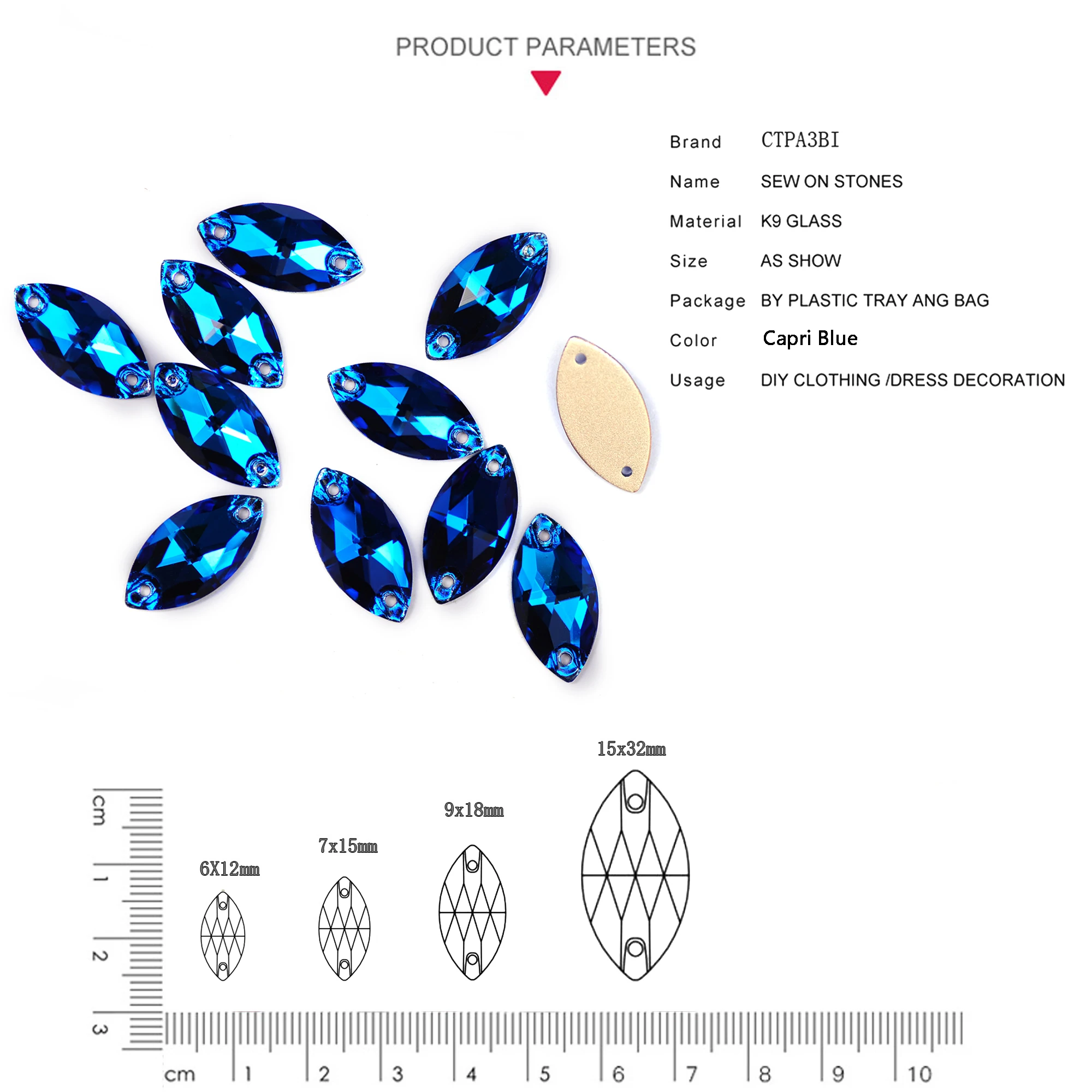 Cristales de Vidrio Planos con Pedrería Azul Capri, Diamantes de Imitación para Coser, para Decoración de Vestidos y Prendas
