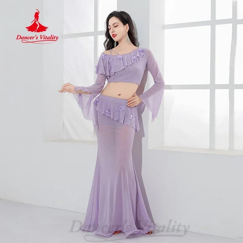 Stroje do tańca brzucha, siateczkowa bluzka z długim rękawem + seksowna spódnica typu rybka, 2-częściowy zestaw, odzież do orientalnego tańca dla dorosłych kobiet