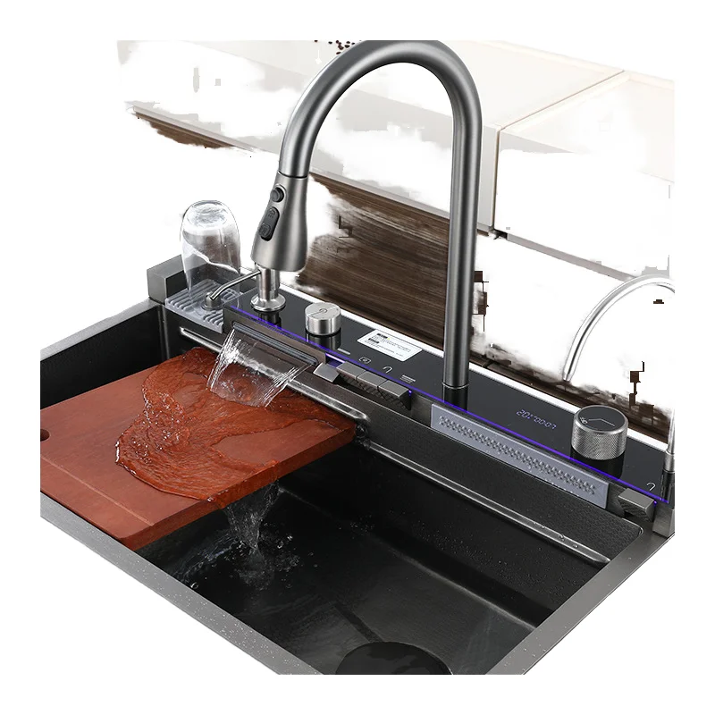 Sink,Smart Kitchen Manual Sink Modern 304 Stainless Steel Nano Surface Black Multifunctional Waterfall Faucet Single Bowl 5 Year