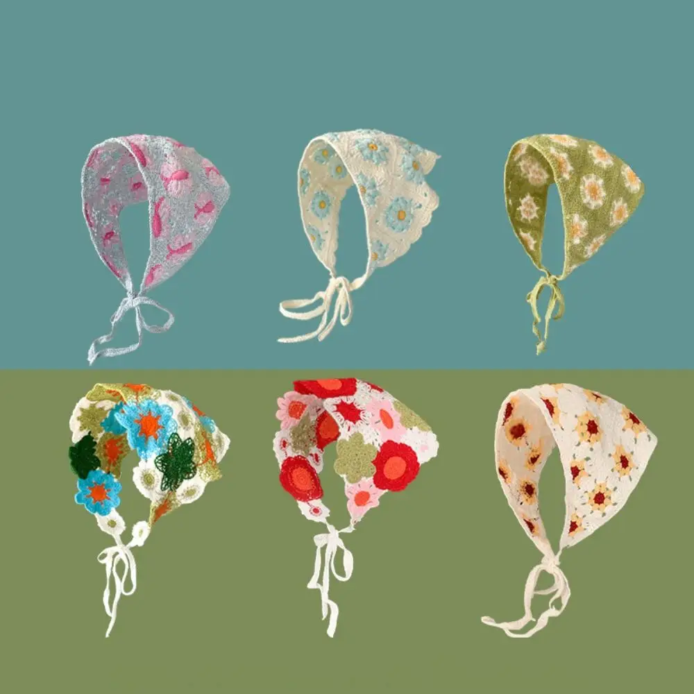 

Cute Knitted Triangle Headband French Pastoral Style Handmade Girl Flower Headscarf Crochet Hollow Beach Vacation Hair Access