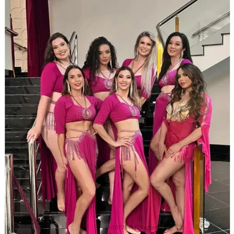 Traje de dança do ventre para mulheres, blusa de manga curta com saia de fenda dupla, conjunto de borla para performance de dança do ventre feminino