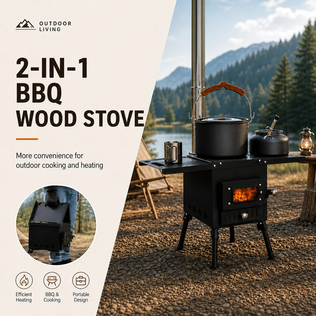 

Portable Foldable Camping Wood Stove, 2-in-1 BBQ Cooking Stove, Multifunctional Outdoor Fire Pit for BBQ, Cooking & Warming