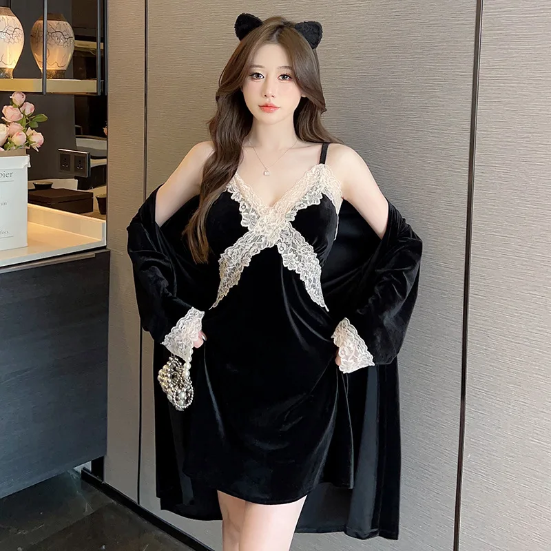 

Winter Warm Sexy Camisole Black Lace Woman Satin Winter Robe Sets Nightdress Night Dresses Robe Lounge Women Pijama Pajama