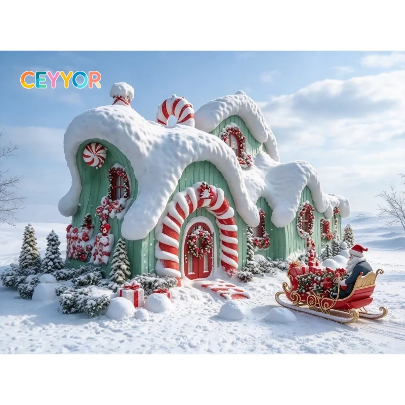 CEYYOR Christmas canvas Cute Candy Cane Gingerbread House Snowy Village Santa Claus Sleigh Gift Box Winter Snow Scene mehofond b